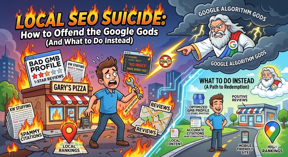 Illustration of local SEO mistakes versus best practices for Google local search rankings