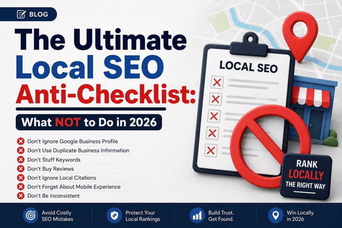 Local SEO anti-checklist showing common local search mistakes to avoid in 2026
