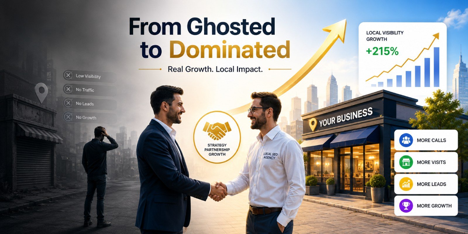 From Ghosted to Dominated: A professional local business owner partnering with a local SEO agency, illustrating the transformation from low visibility and stagnant growth to increased leads, traffic, and long-term business success through strategic local