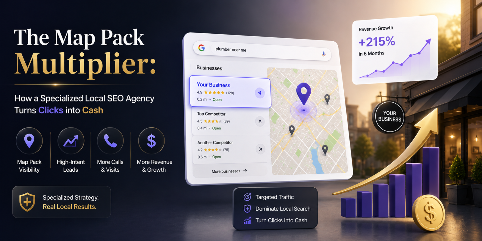 Premium 3D illustration showing how a specialized local SEO agency leverages Google Map Pack optimization to transform local search visibility into revenue growth, featuring a Google Maps-style interface, business storefront, rising analytics, and convers