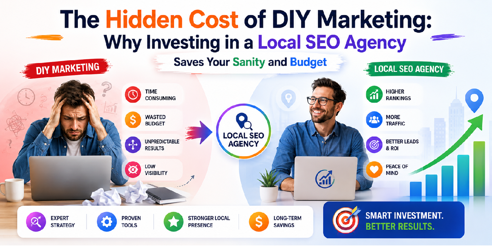 Illustration comparing the stress and hidden expenses of DIY marketing with the benefits of hiring a local SEO agency, showing improved visibility, better ROI, increased leads, and peace of mind for business owners.