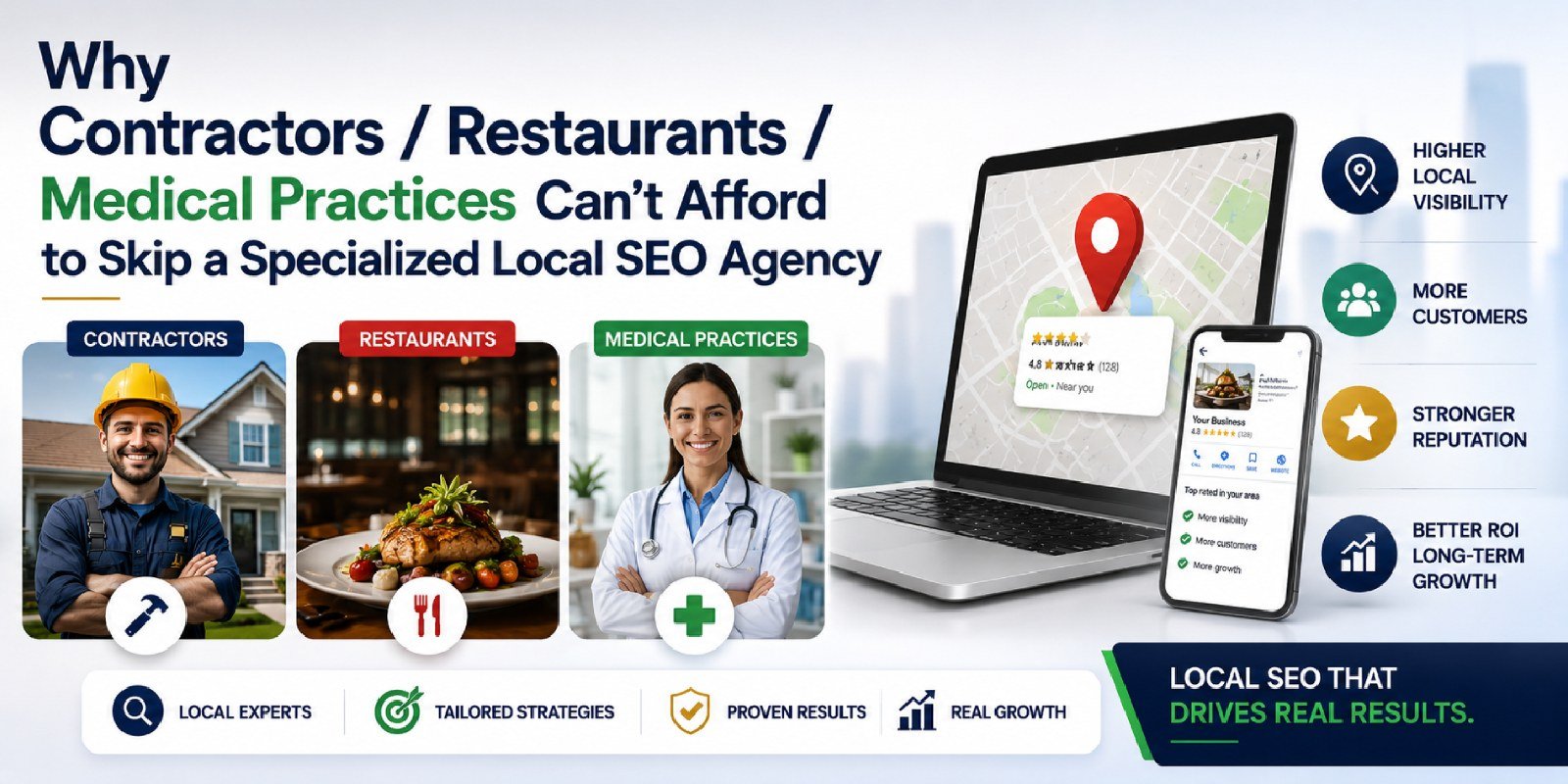 Professional illustration showcasing how contractors, restaurants, and medical practices benefit from specialized local SEO services, featuring industry-specific professionals, local search optimization, increased visibility, and sustainable business grow