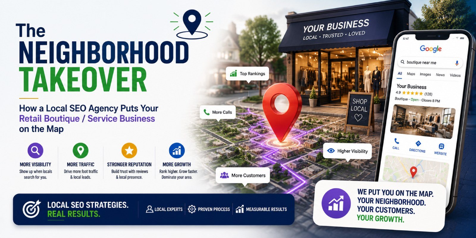 Premium illustration showing how a local SEO agency helps retail boutiques and service businesses dominate their neighborhood through Google Maps visibility, local search optimization, increased foot traffic, and customer growth.